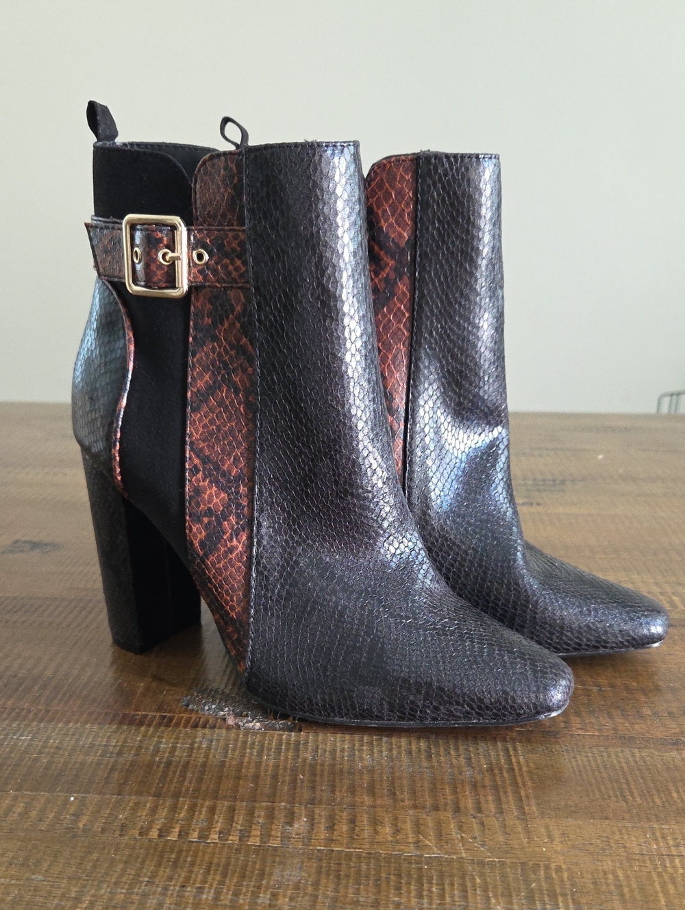 JustFab Black and Brown Snakeskin Ankle Booties
